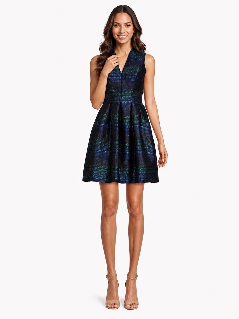 Vince Camuto Metallic Jacquard Fit and Flare Dress V Neck Party Size 2 NWT